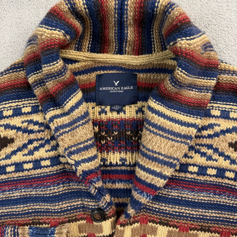 American Eagle Mens Large Southwestern Shawl Collar Button Cardigan Sweater Blue - Picture 6 of 13